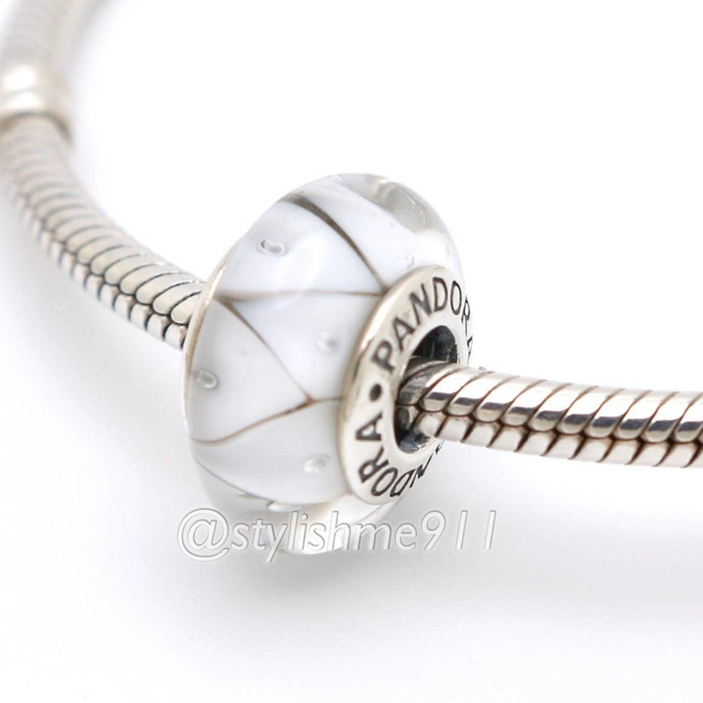 Authentic PANDORA Sterling Silver White Zig-Zag Murano Glass Bead Charm